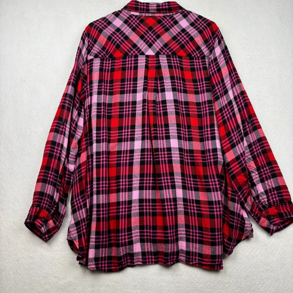 Lane‎ Bryant Plaid Shirt Womens 22/24 Roll Tab Sleeve Grunge